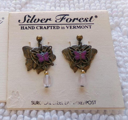 pink butterfly dangle earrings, pierced post back vintage Silver Forest Vermont jewelry