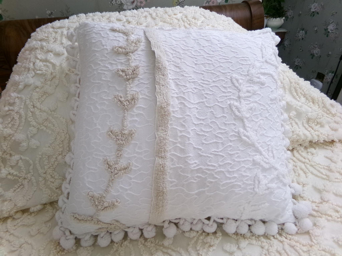 Vintage Rose Chenille Pillow Cover, Reversible Square Cottage Chic Floral Design