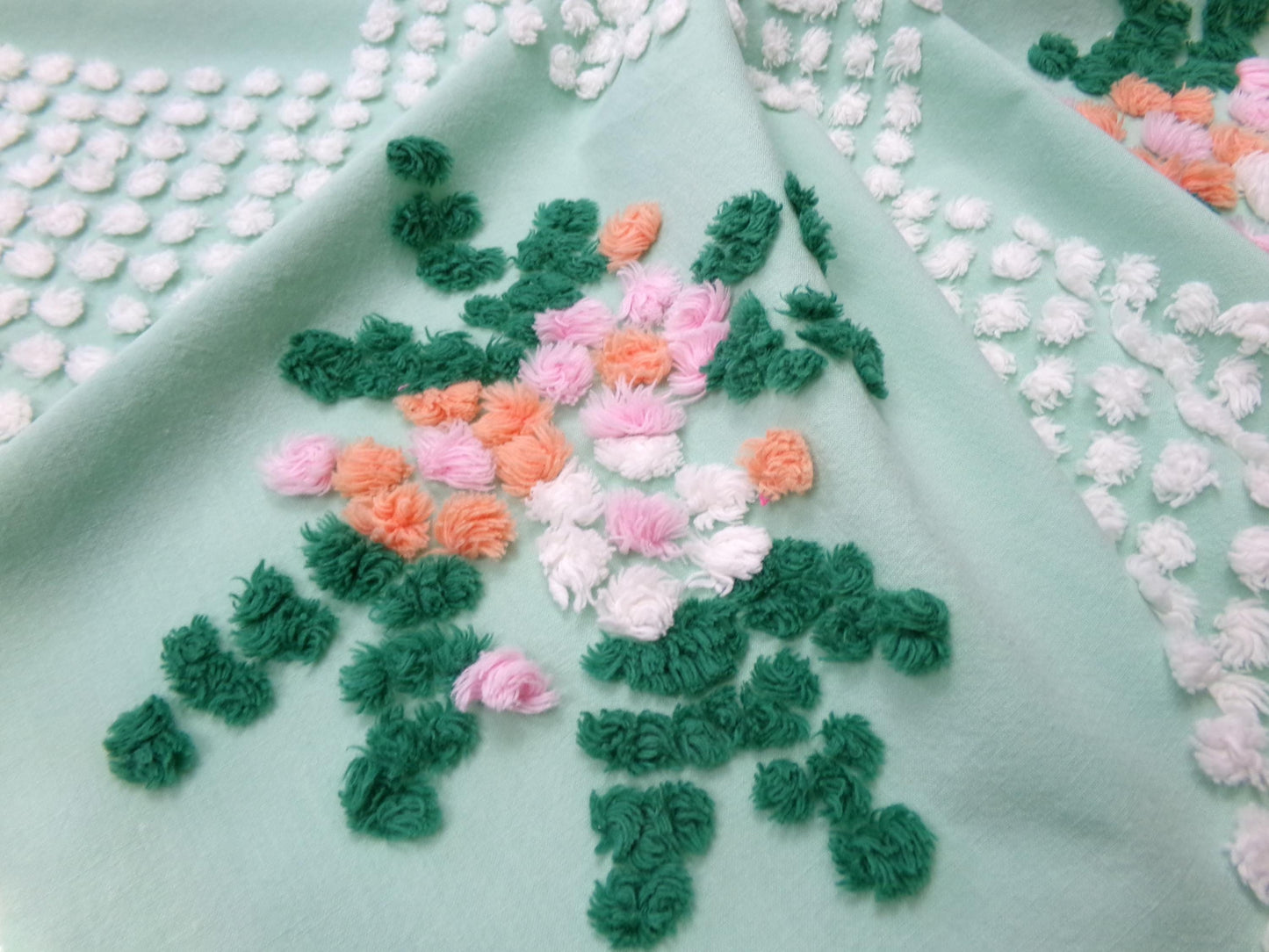 jade green floral vintage chenille fabric: handmade antique cotton sewing material for quilting, crafts, 31" x 24" piece