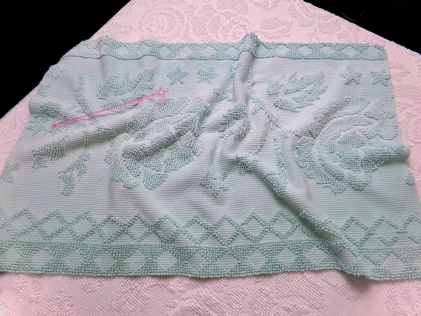 Vintage Hobnail Chenille Fabric Reversible Rose Aqua Ghost Shadow Shabby Mood 17"x27"