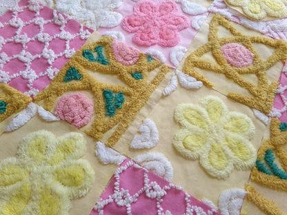 vintage chenille fabric squares, "secret garden" set of 16 floral 6" quilt blocks in yellow, rose pink, gold