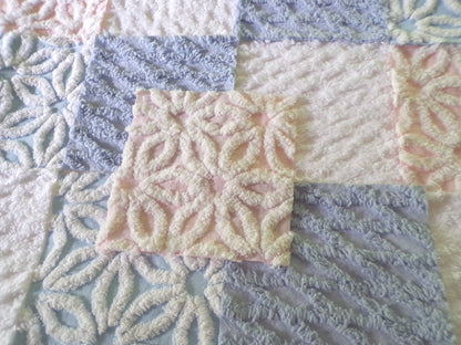 Fluffy Soft 6" Chenille Fabric Squares, Set of 16 Quilt Blocks, Pink, Blue & White Daisy Designs Cut from Vintage Chenille Bedspreads