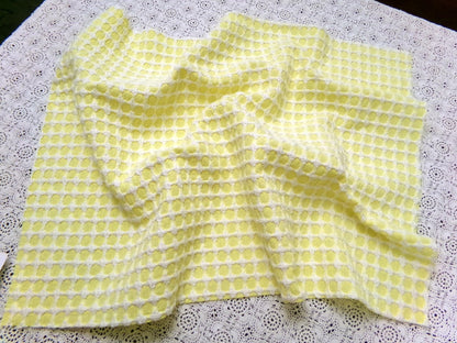 Lemon Yellow White Vintage Woven Chenille Fabric Lady Galt Honeycomb Crosses 18x24"