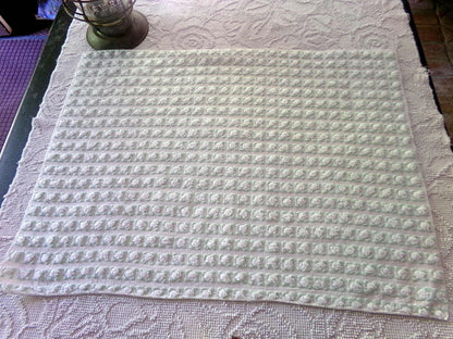 Plump White Rosebuds Vintage Chenille Fabric, 19" x 25" Piece, Beautiful Roses with Mint Green Leaves