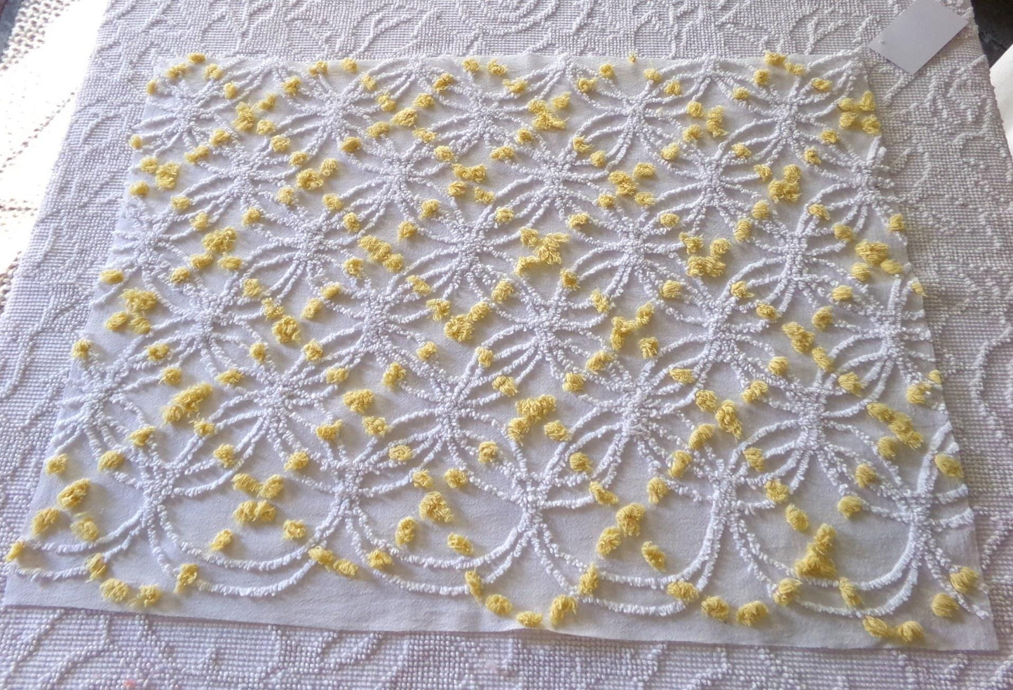 white chenille fabric with goldenrod yellow pops, vintage 18" x 24" inch piece of quilt material in traditional wedding ring designs
