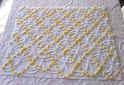 white chenille fabric with goldenrod yellow pops, vintage 18" x 24" inch piece of quilt material in traditional wedding ring designs