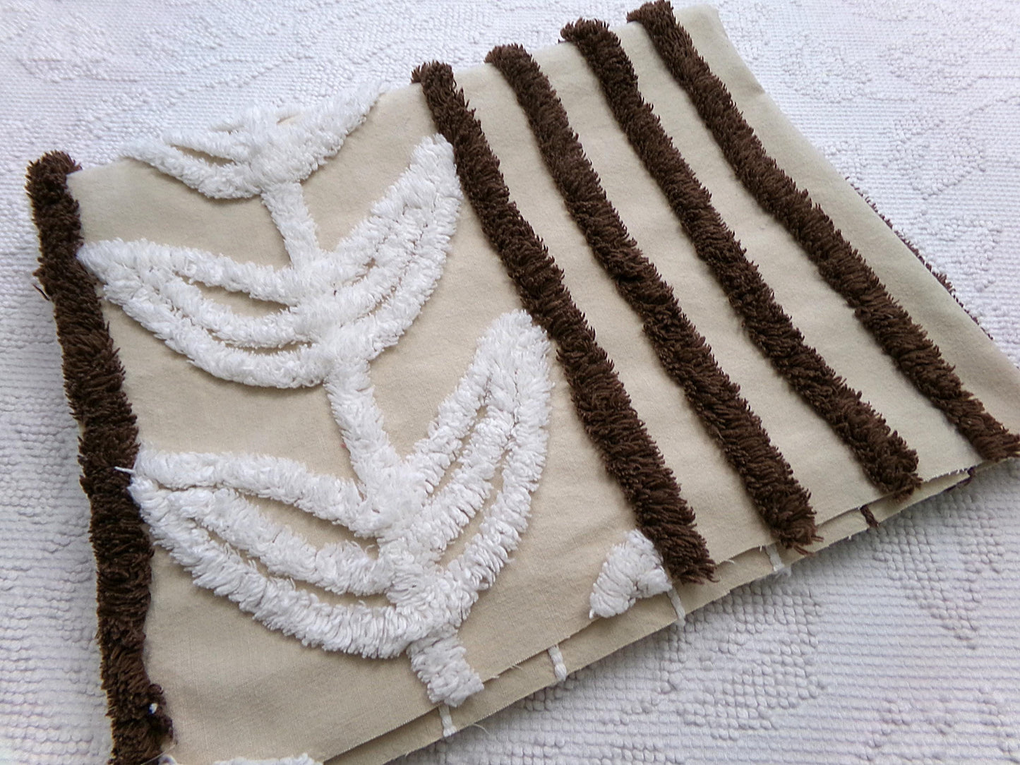 mocha leaf stripe vintage chenille fabric: contrast brown & white striped design, 20" x 24" sewing material for quilting, crafts