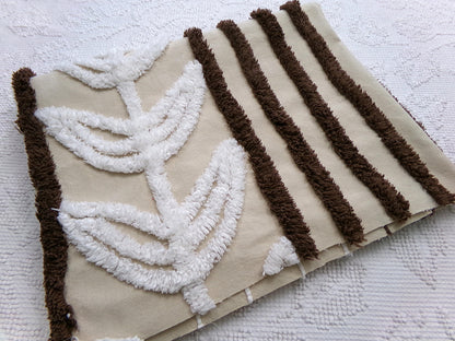 mocha leaf stripe vintage chenille fabric: contrast brown & white striped design, 20" x 24" sewing material for quilting, crafts