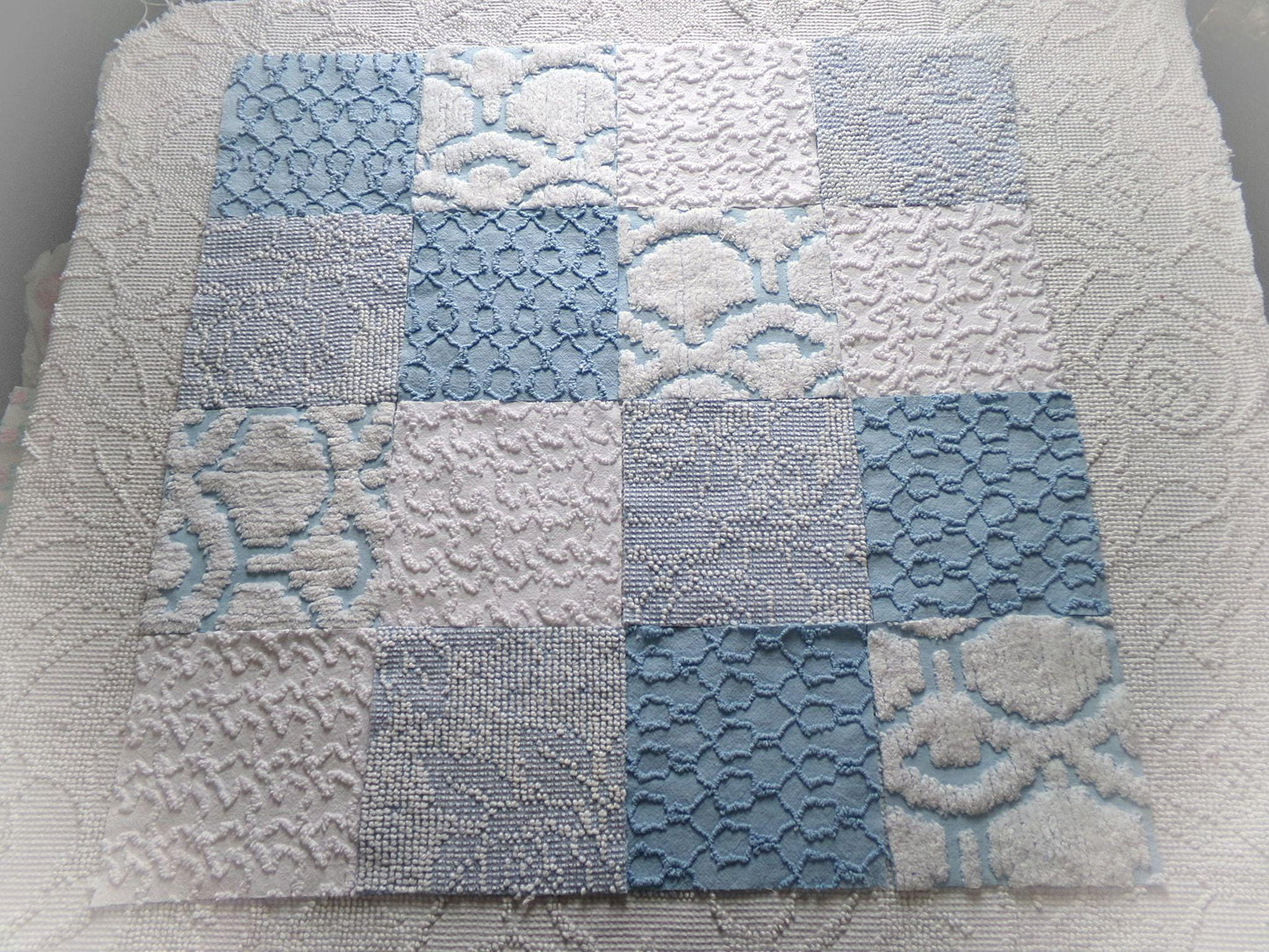 seaside wanderings chenille fabric squares, 16 vintage 6" quilt blocks in coastal blue & white, for sewing, crafts, fiber arts