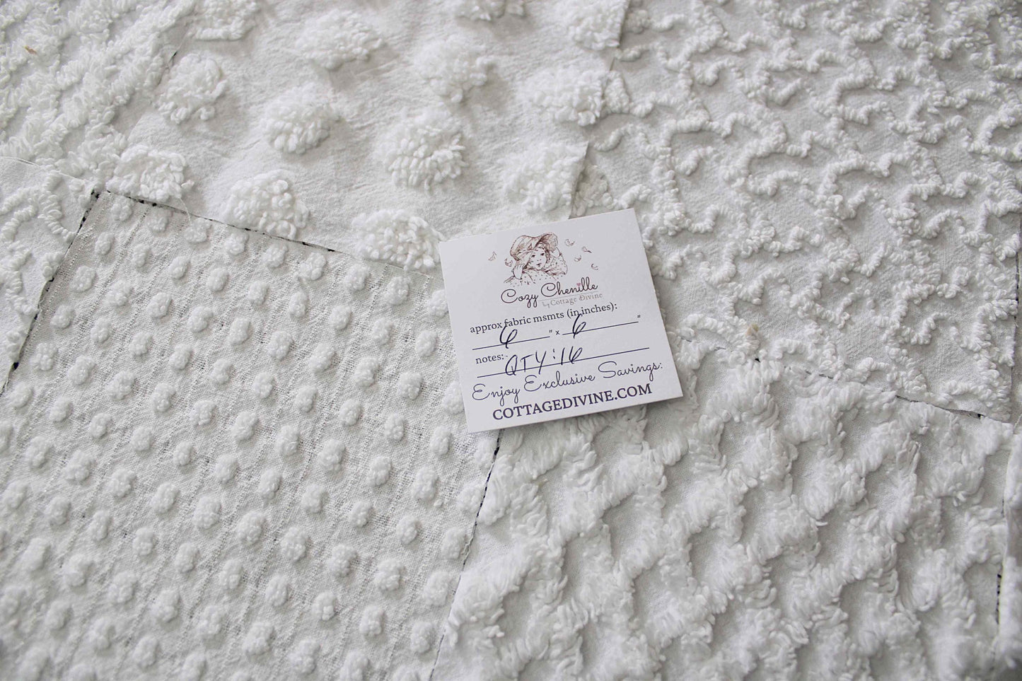 white chenille fabric squares in great textures, coin dots, lattice, mini pop sparkle & squiggles, 16 vintage quilt blocks, 6" x 6" ea