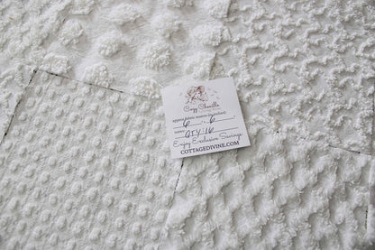 white chenille fabric squares in great textures, coin dots, lattice, mini pop sparkle & squiggles, 16 vintage quilt blocks, 6" x 6" ea