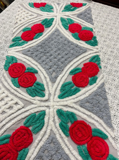 Red Rose Vintage Chenille Fabric, Dove Grey & White 15x28" Craft Piece