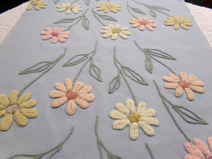 Cascading Daisy Vintage Chenille Fabric, Blue Floral Sewing & Quilt Material 23" x 24" Piece
