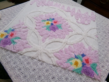 Lavender Floral Vintage Chenille Bedspread Fabric Piece 24x23" Sewing Material