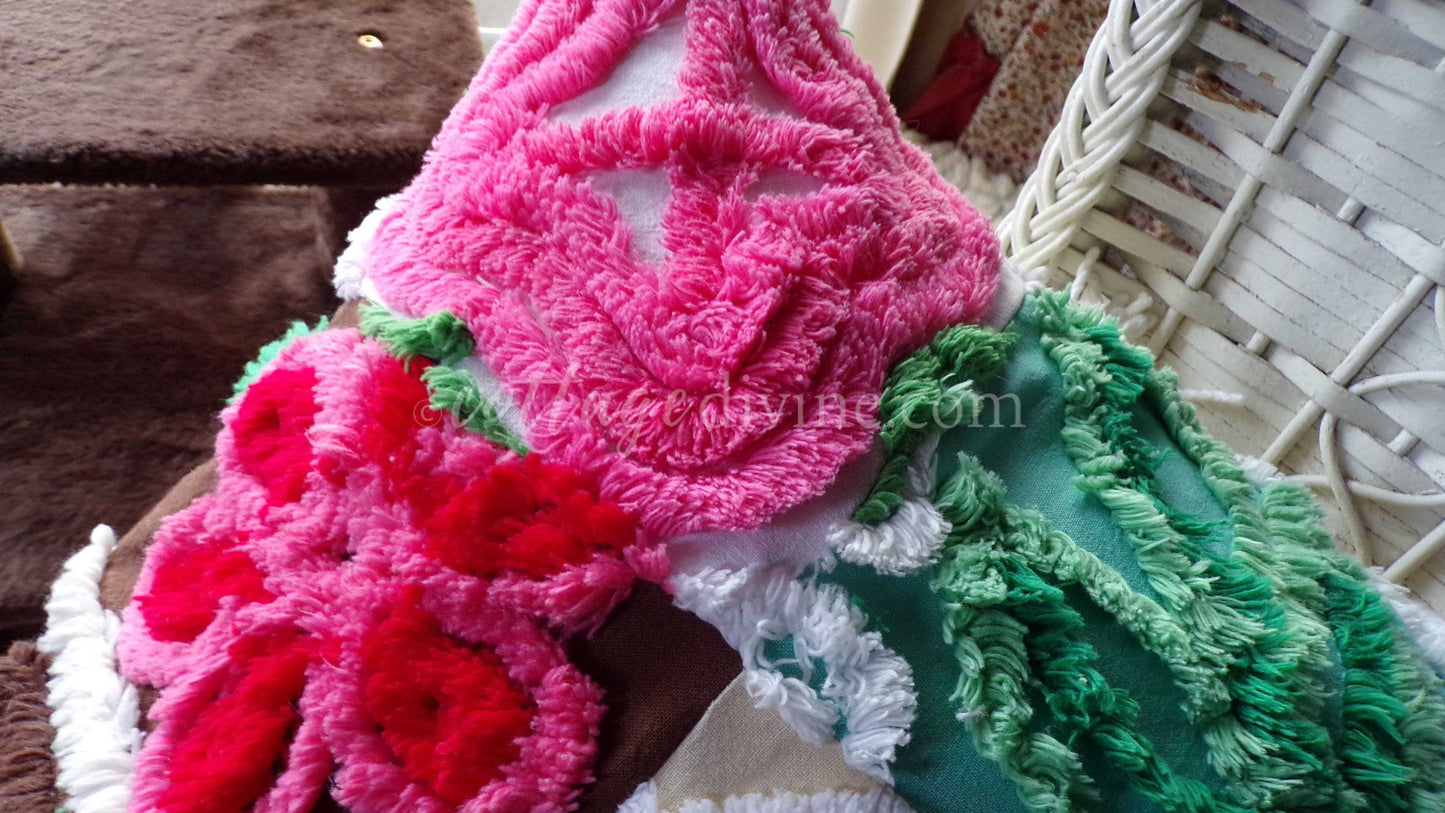 PATCHWORK Rainbow Butterfly Chenille Pillow Cover 16" x 16" Square, REVERSIBLE Accent Pillow Designed from Vintage Chenille Bedspread Fabric