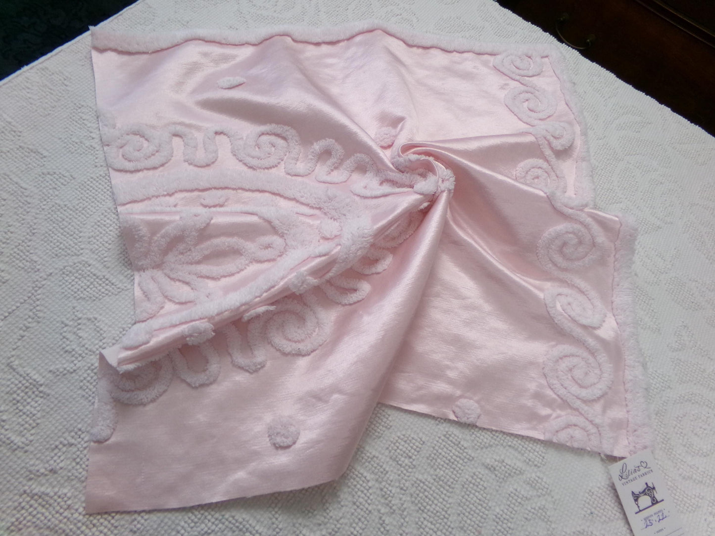 Vintage Pink Satin Chenille Fabric, Shabby Chic Sewing Material 23" x 22" Piece