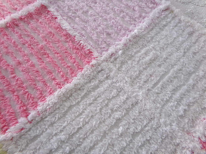 pink & white quilt style vintage chenille fabric, 25" x 20" piece of sewing material for pillows, crafts
