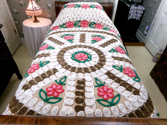 Vintage Chenille Bedspread Full Mocha Brown & Cherry Pie Pink Floral Cotton Boho