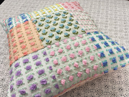 Vintage Rose Chenille Pillow Cover, 16" Square Reversible Patchwork Floral Design