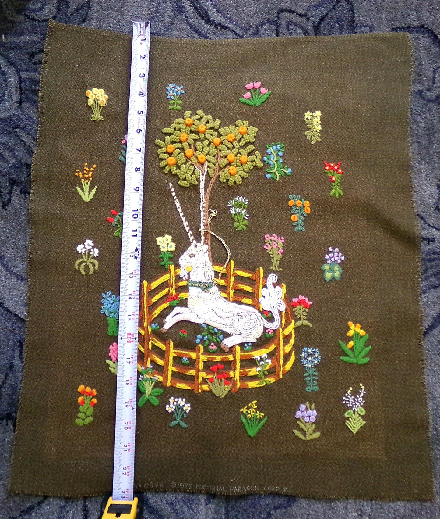 Unicorn in Captivity Vtg Crewel Embroidery, Finished Paragon 0846 Stitchery Medieval Old World Tapestry Style Adaptation