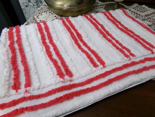 Red & White Striped Chenille Fabric, textured skinny lines craft quilt material, 17" x 27" piece