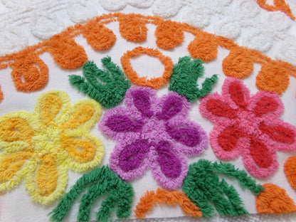 citrus floral vintage chenille bedspread fabric, orange & white quilt material, 16" x 25"