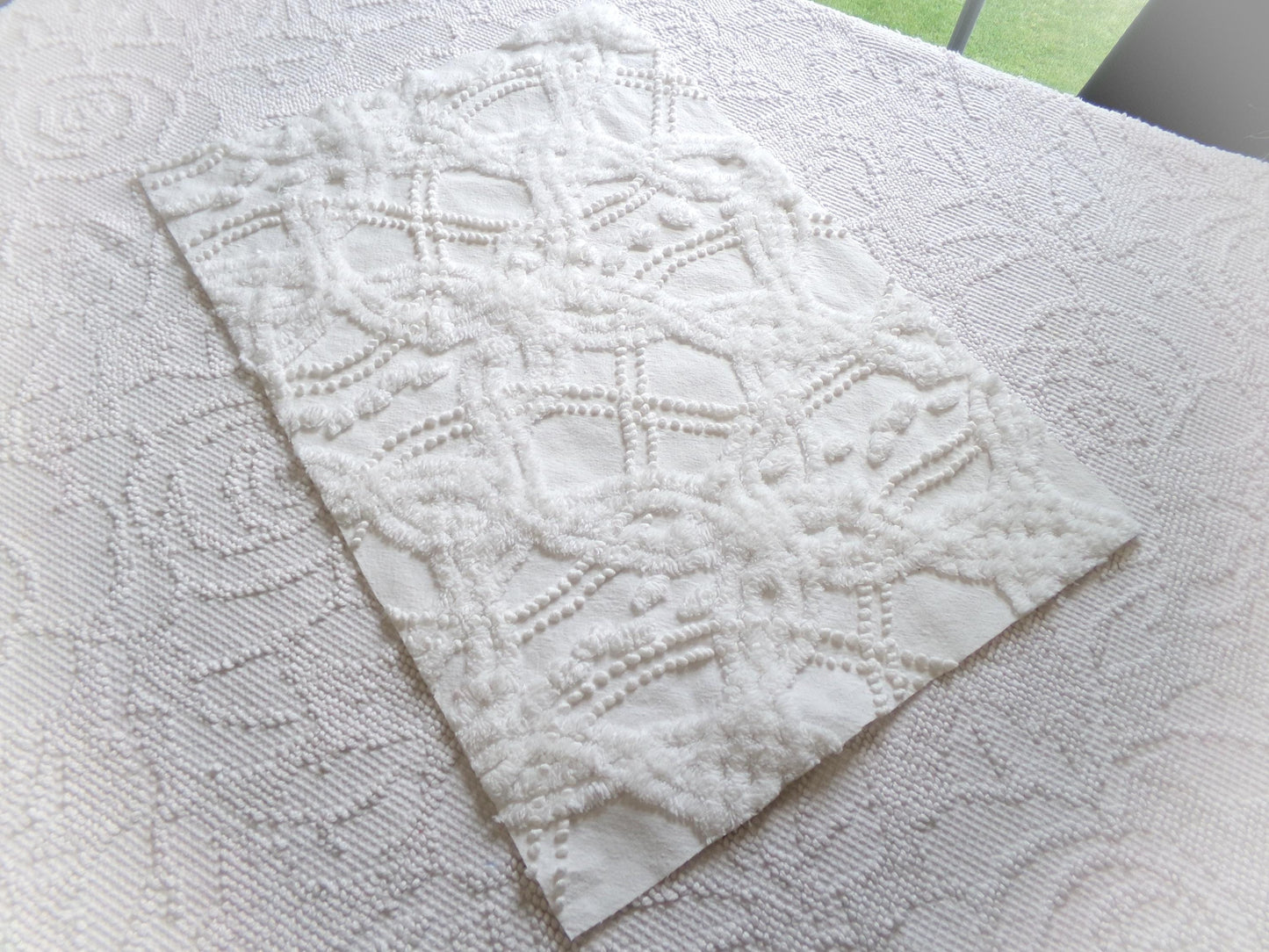 elegant white eternity links vintage chenille fabric, 12" x 18" piece of cotton sewing material for crafts, quilts, pillows