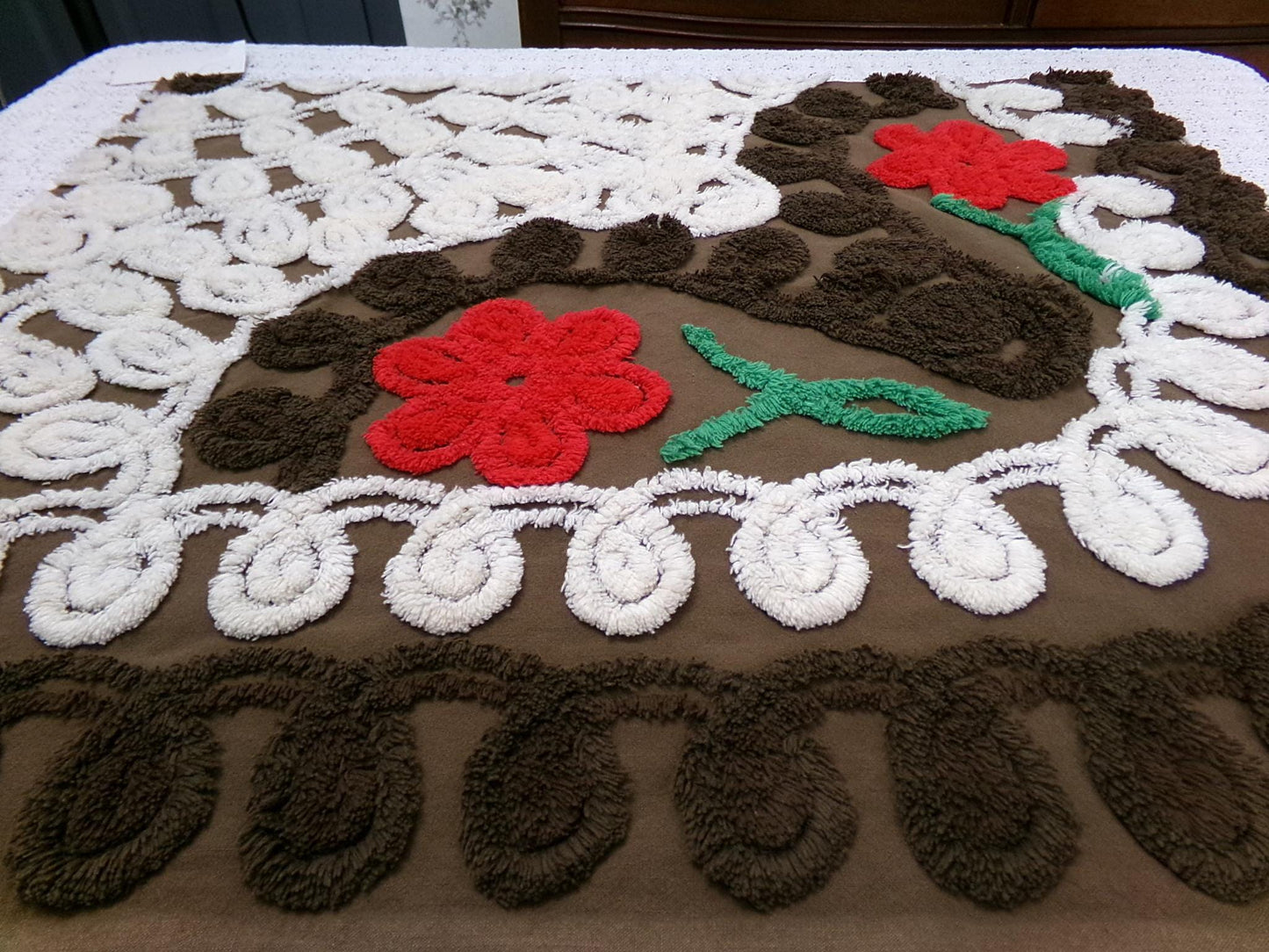 Rich Chocolate Vintage Chenille Bedspread Fabric Cherry Red Flowers 20x24"