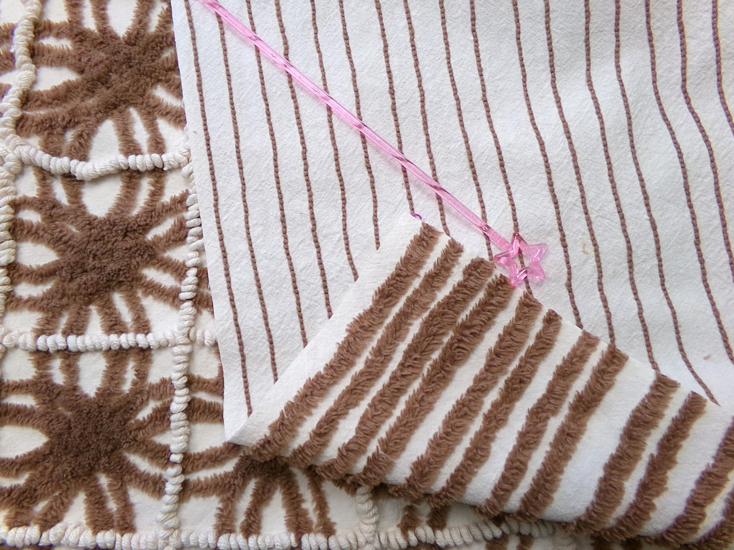 vintage brown chenille fabric: 18" x 28" contrast piece in mocha w/ tiny vanilla pearl pops, cute for teddy bears, quilts, crafts