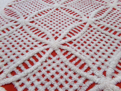 red & white vintage chenille fabric, geometric design 20" x 24" piece quilt material