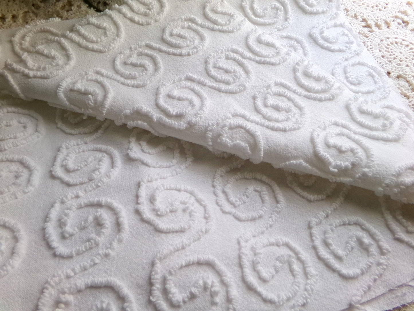 spiral curl squiggles vintage chenille fabric, ultra lightweight white cotton sewing material with great texture, 20" x 24" inch piece