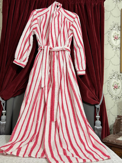 Vintage Chenille Robe Red & White Candy Stripe, Full Length Women’s Small Bathrobe