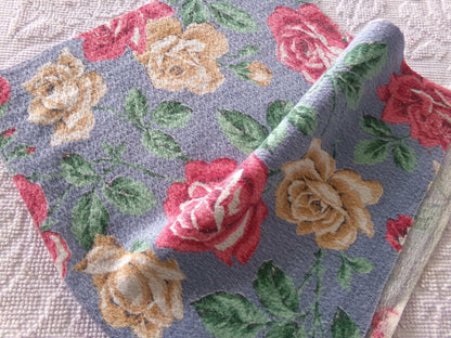 Vintage Rose Barkcloth Fabric, Pink Gold Blooms Blue Background 16" x 27"