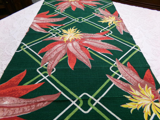 Shabby Vintage Barkcloth Fabric Tropical Tiki Hunter Green Exotic Lily Lattice 16x28"