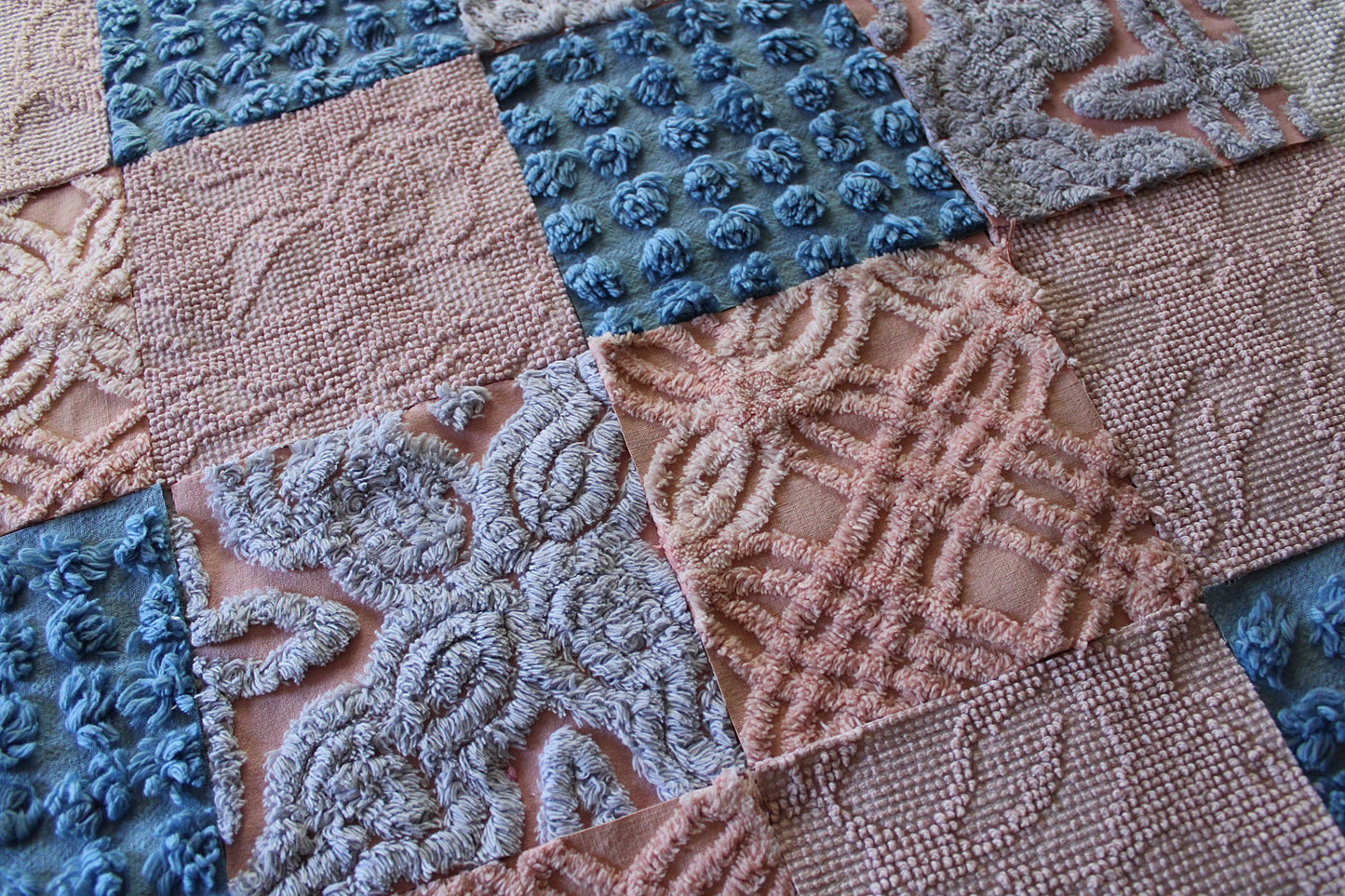 twilight melody vintage chenille fabric squares, set of 16 dreamy 6" quilt blocks, serene blue, rose mist, pink shades
