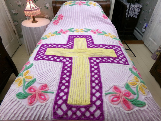 Rare Vintage Chenille Bedspread Christian Cross Spiritual Floral Easter Lilac Full Bedding