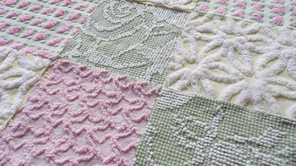 Fresh Flowers Chenille Quilt Squares Set from Vintage Bedspread Fabric, 17 Blocks, 6" x 6" inch
