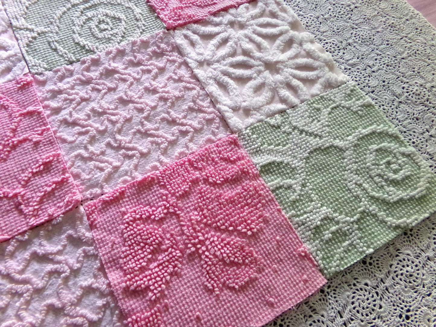 Flower Lady Vintage Chenille Squares, 16 Quilt Blocks, 6" inch in Sage Green, Petal Pink & Rose, from Chenille Bedspread Fabrics