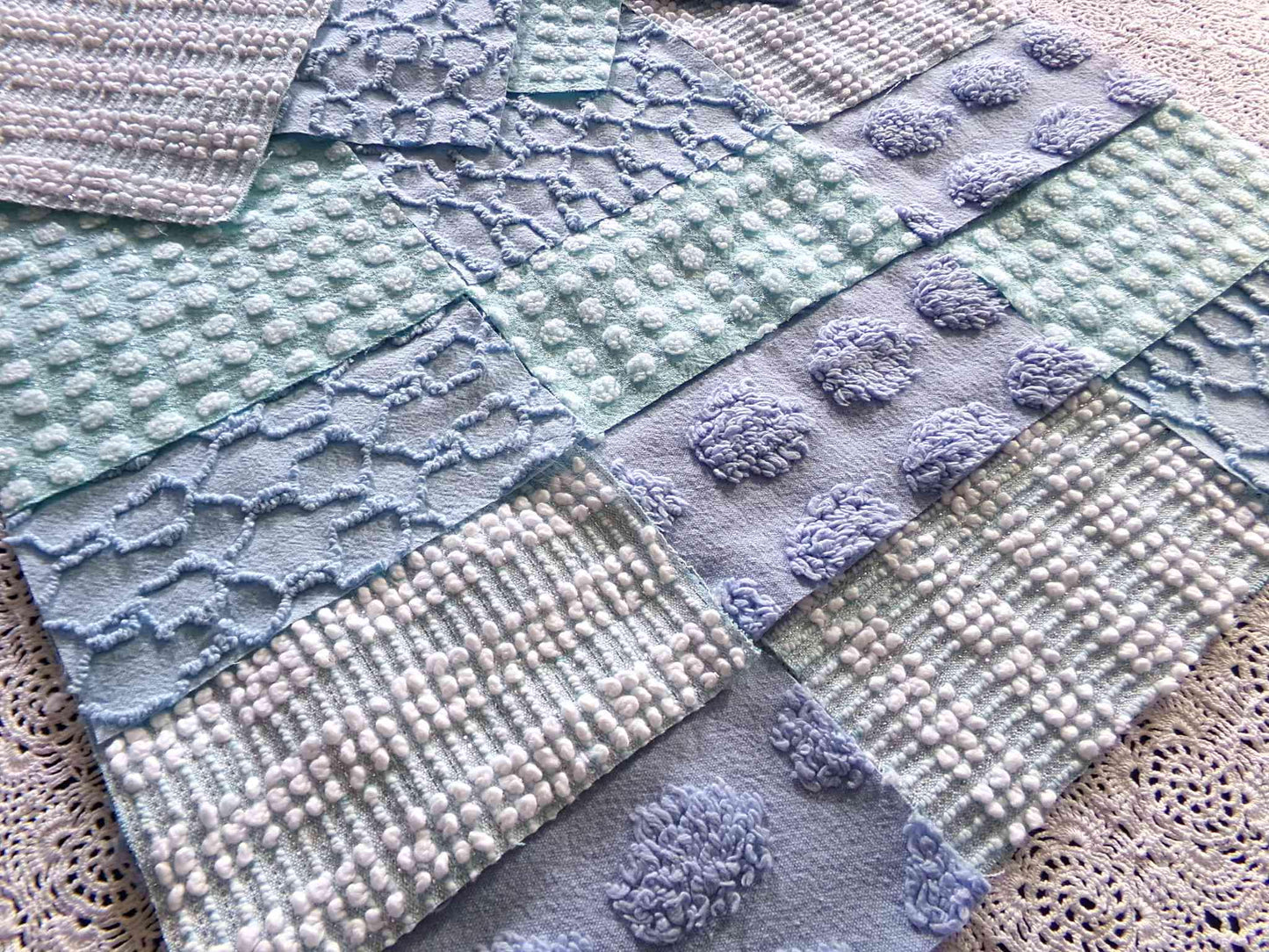 lake breeze vintage chenille quilt squares, set of 16 cool blue & aqua cotton 6" quilt blocks for quilting, upcycling into crafts