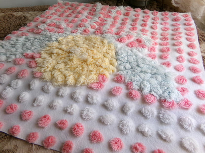 Pink Pops Vintage Chenille Fabric, Floral Antique 15x28" Craft Panel