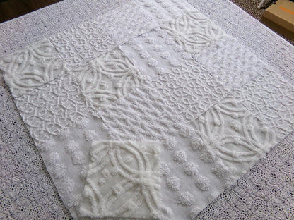 Weathered Whites Vintage Chenille Fabric Squares, 17 Blocks, 6" x 6" inch, Neutral Shades of Classic White