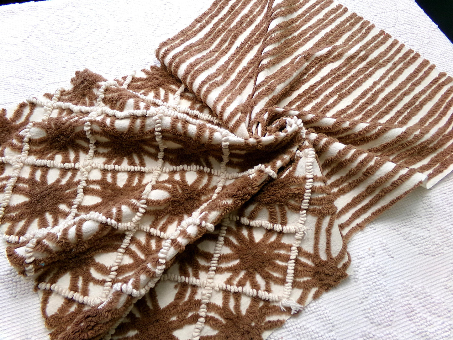 vintage brown chenille fabric: 18" x 28" contrast piece in mocha w/ tiny vanilla pearl pops, cute for teddy bears, quilts, crafts