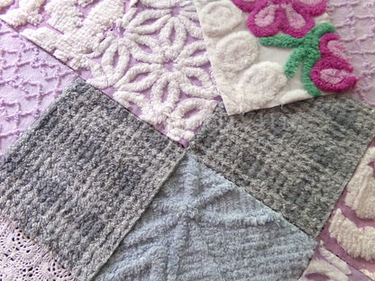 Sweet Dreams Vintage Chenille Fabric Squares, in Grey, Lilac, White & Blue, Set of 17 Blocks, 6" Each for Quilts, Crafts