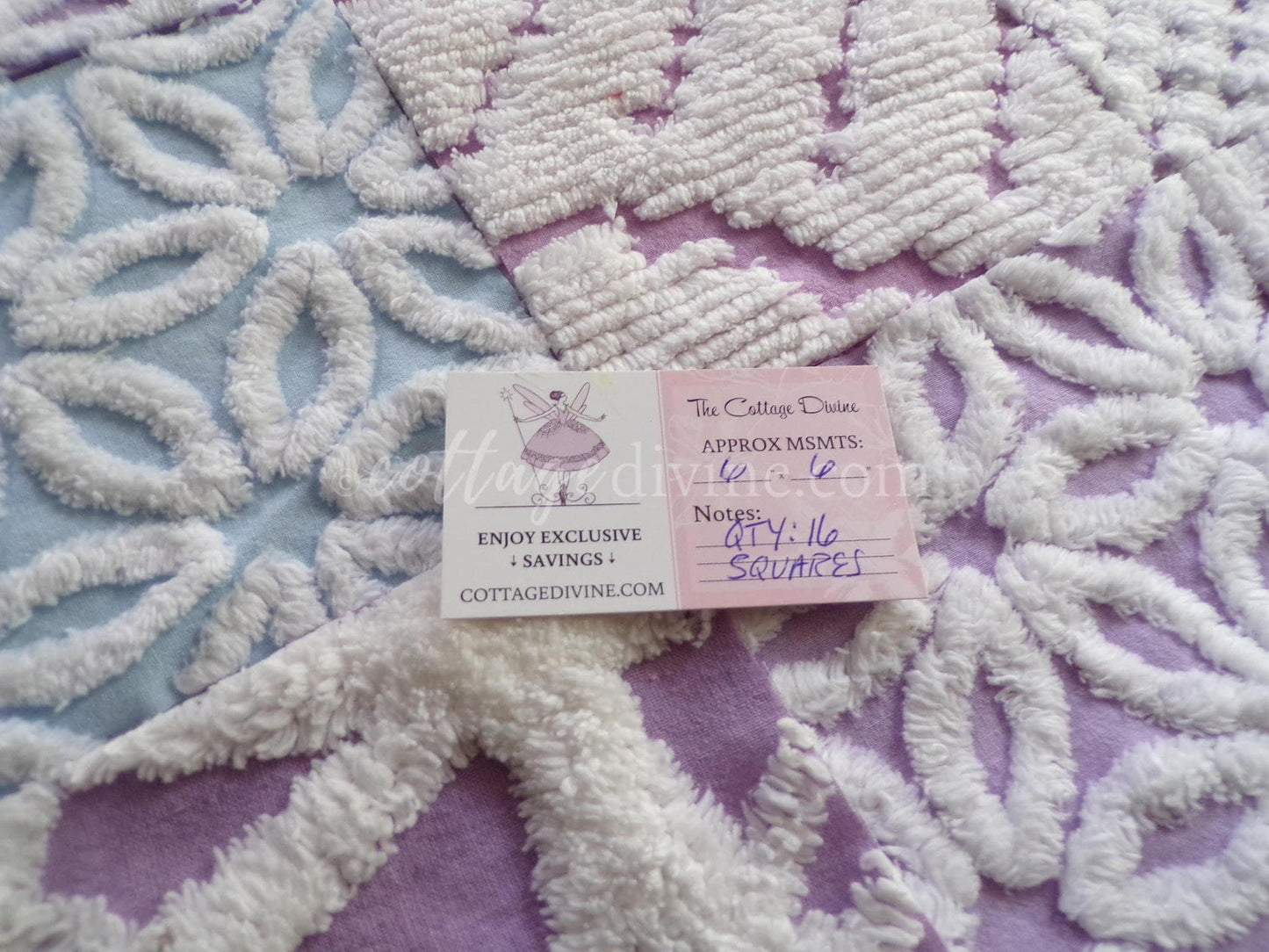 Dreamy Divine Vintage Chenille Fabric Squares Set in Lilac, Blue & White, 16 Rotary Cut Quilt Blocks, 6" x 6" inch