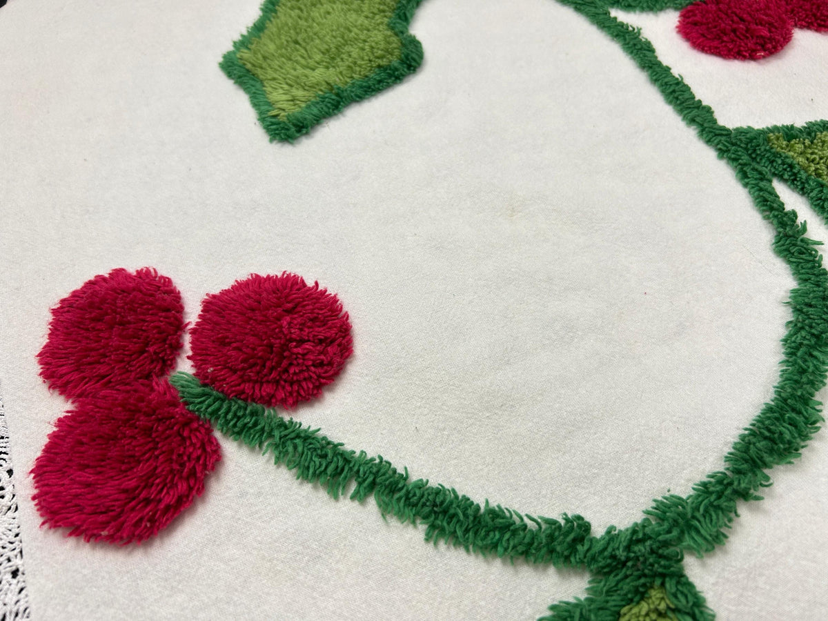Holiday Vintage Chenille Fabric, Winter Holly Berry 22x20" Craft Piece