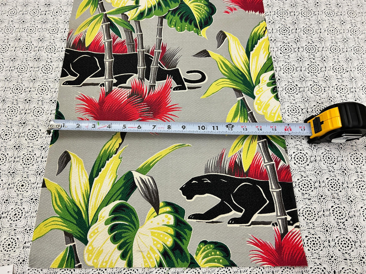 Vintage Barkcloth Fabric – Black Panther Tropical Print, Gray, 15x19 in Cut Piece