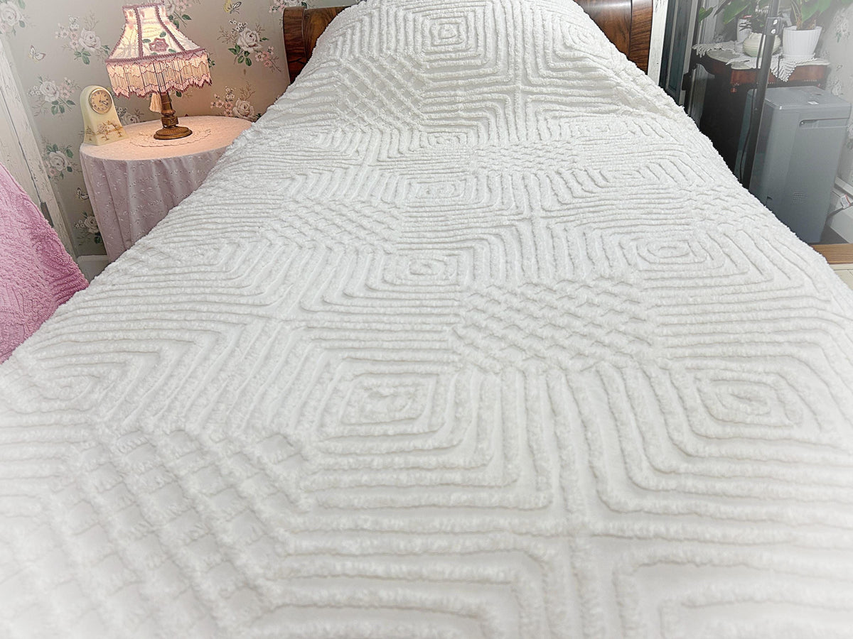 Quietly Bold Vintage Chenille Bedspread, Nested Squares & Diamonds, Full Size
