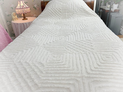 Quietly Bold Vintage Chenille Bedspread, Nested Squares & Diamonds, Full Size