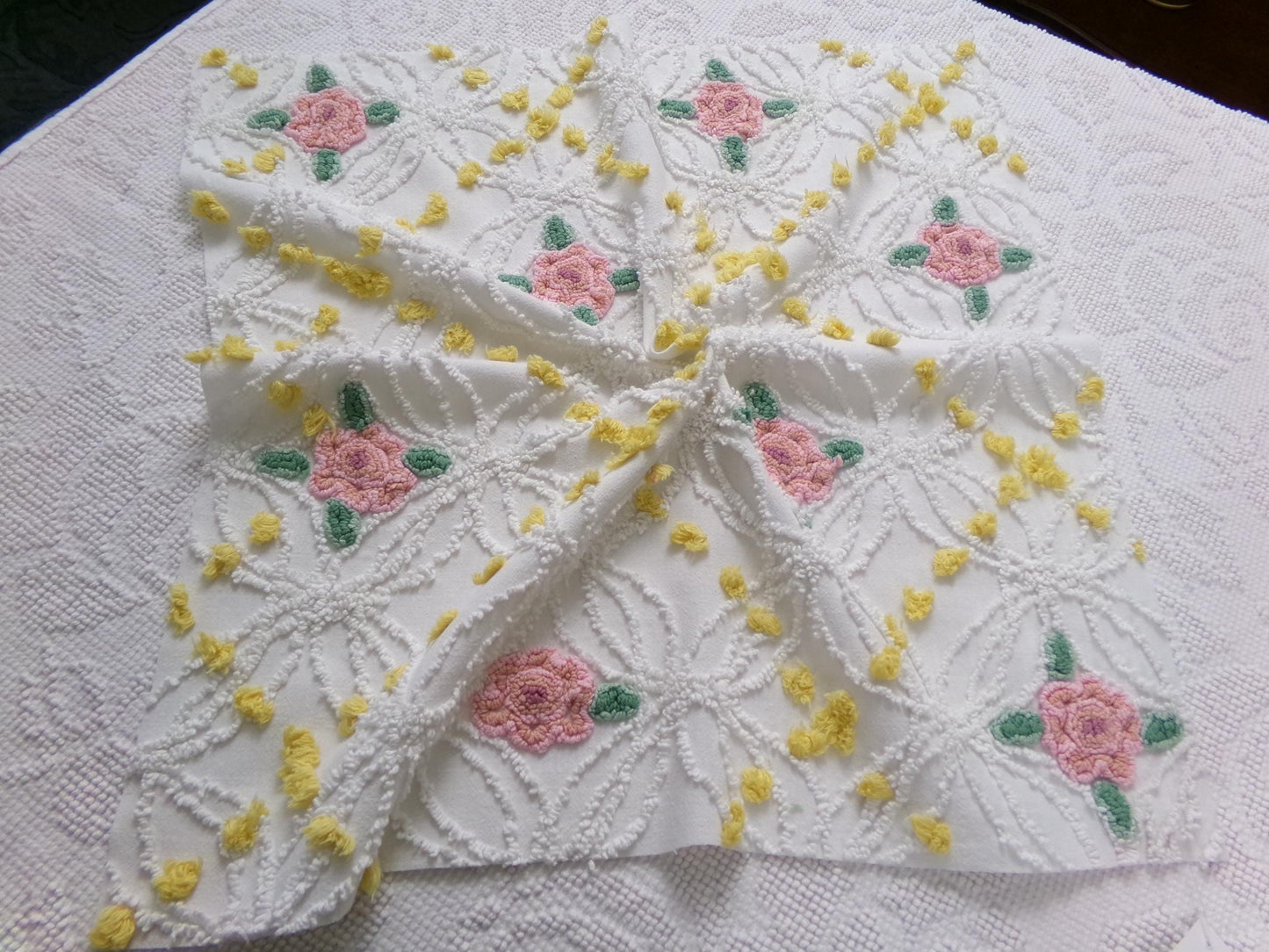 Pink Rose Vintage Chenille Bedspread Fabric, cottage chic sewing craft quilt material, 20" x 20" piece