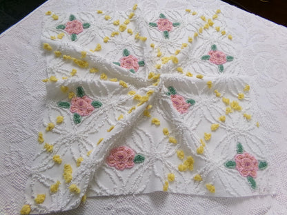Pink Rose Vintage Chenille Bedspread Fabric, cottage chic sewing craft quilt material, 20" x 20" piece
